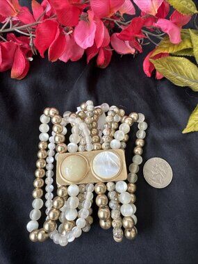 Chico's Beaded Charm Layered Bracelet Cream Opal White Goldtone 8.5" NEW